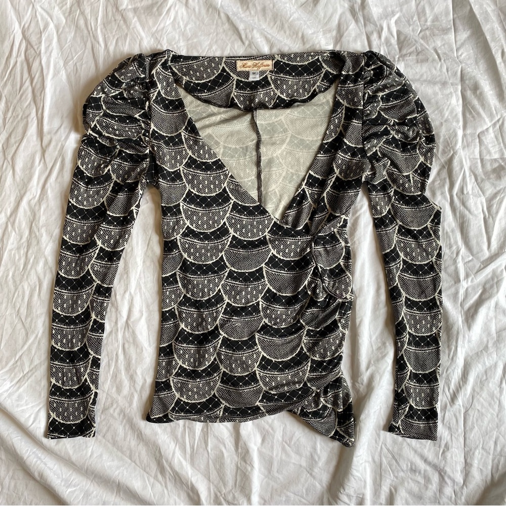 Puffed sleeve silk wrap blouse